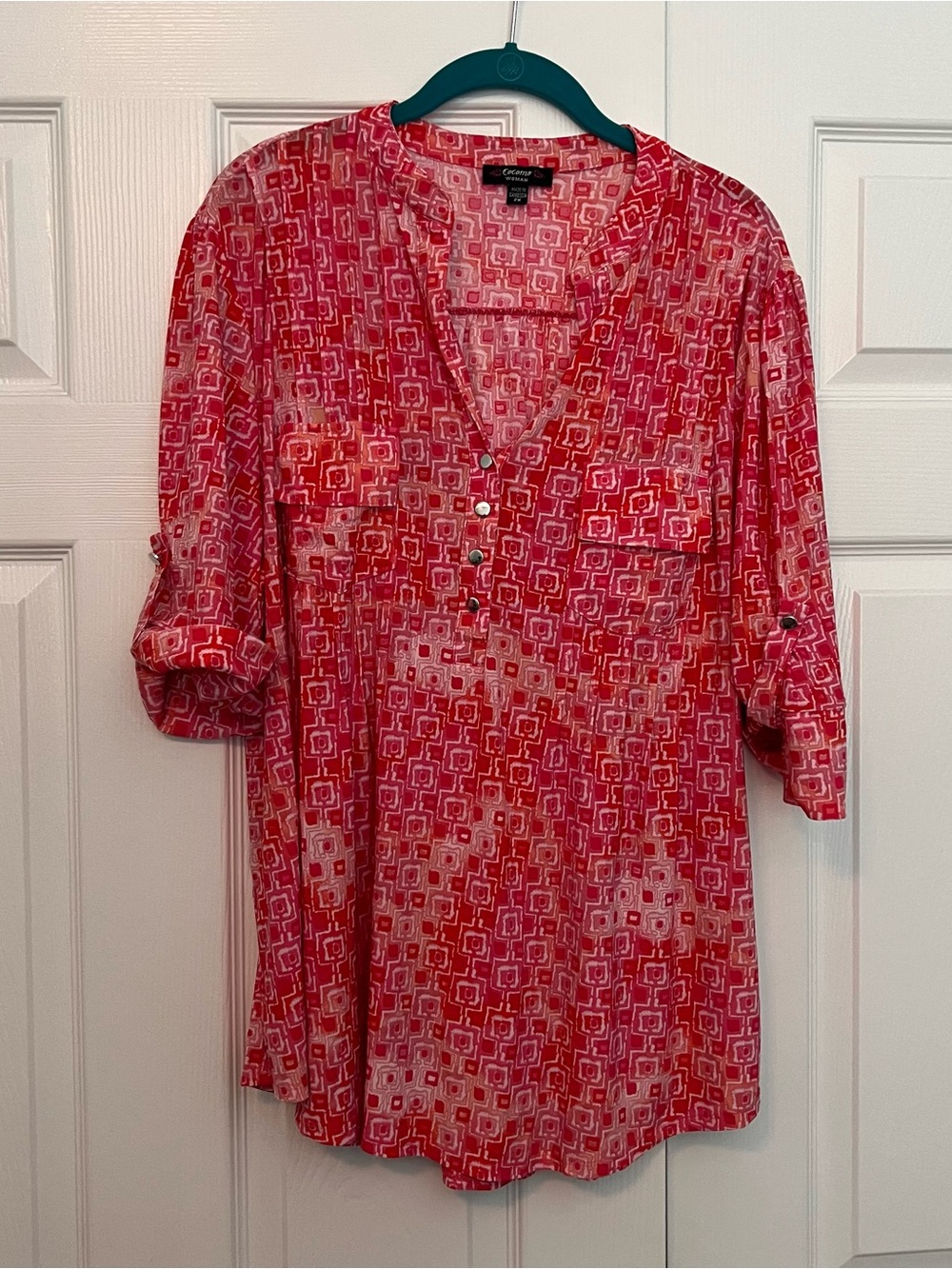 Cocomo Pink Geometric V-Neck Roll-Sleeve Tunic